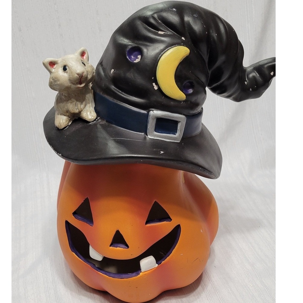 Halloween Pumpkin Jack-O-Lantern Ceramic Witch Hat Cat Crescent Moon Decor